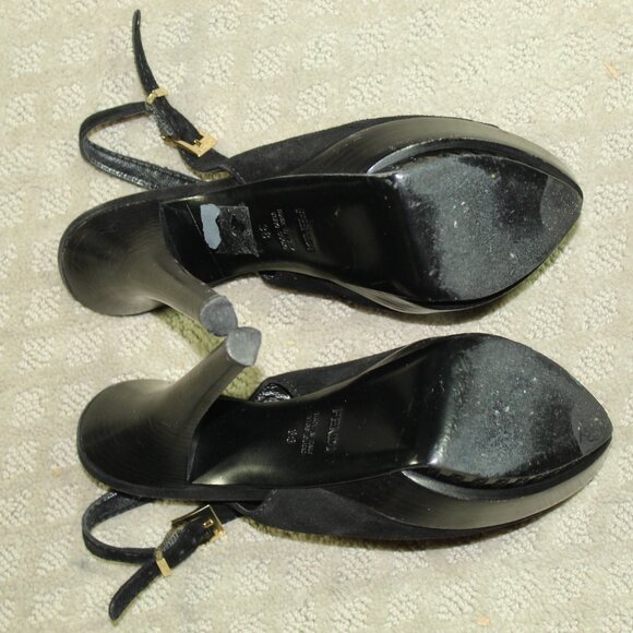 Fendi Black Suede Leather & Ribbon Bow Platform Sling Sandals Size 8 w/ COA - Picture 6 of 7